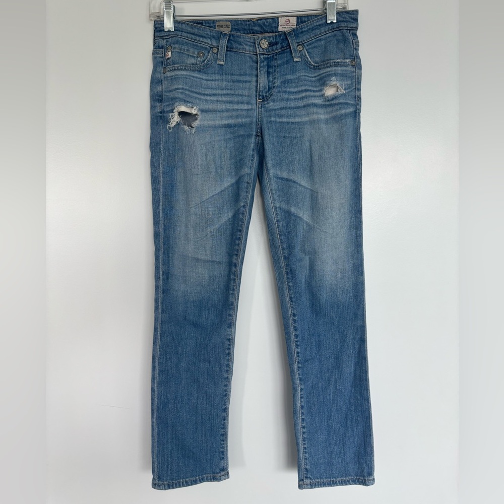 AG Adriano Goldschmeid 14” Waist Distressed Straight Leg Jeans, Blue, Size 25.